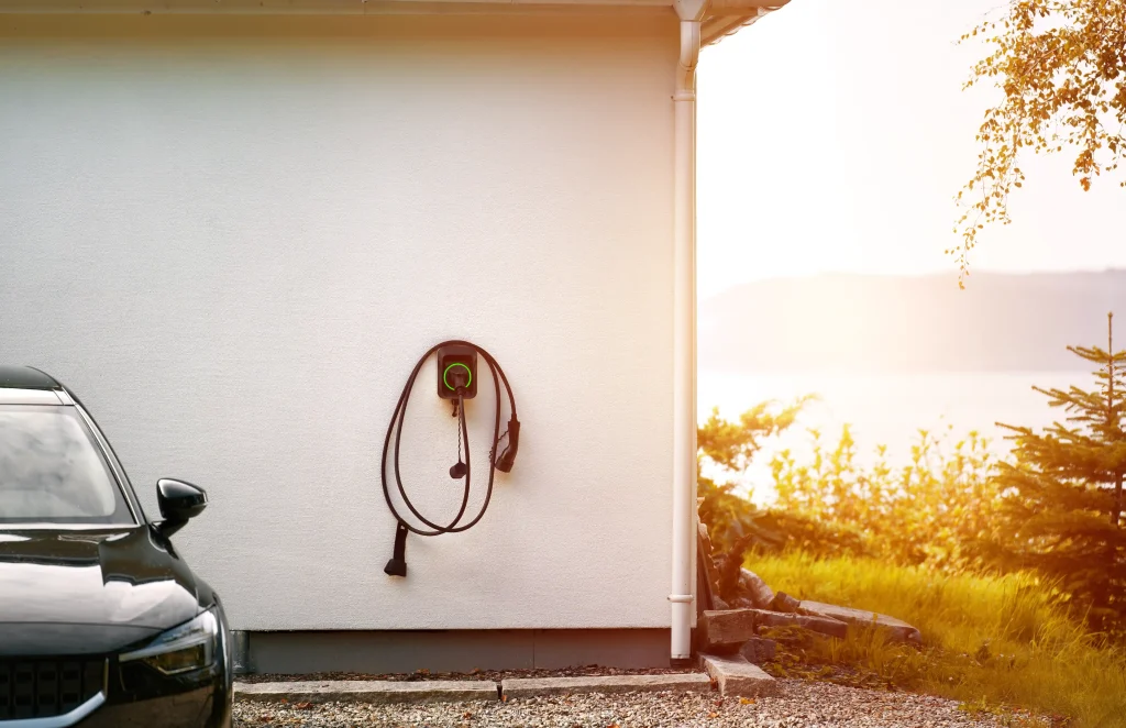 Wall-mounted home EV charger with cable neatly wrapped on holder beside a parked electric vehicle