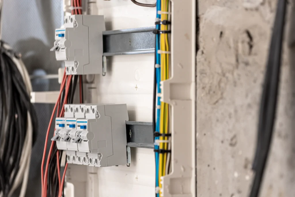 Close-up of a residential switchboard with circuit breakers and colour-coded wiring